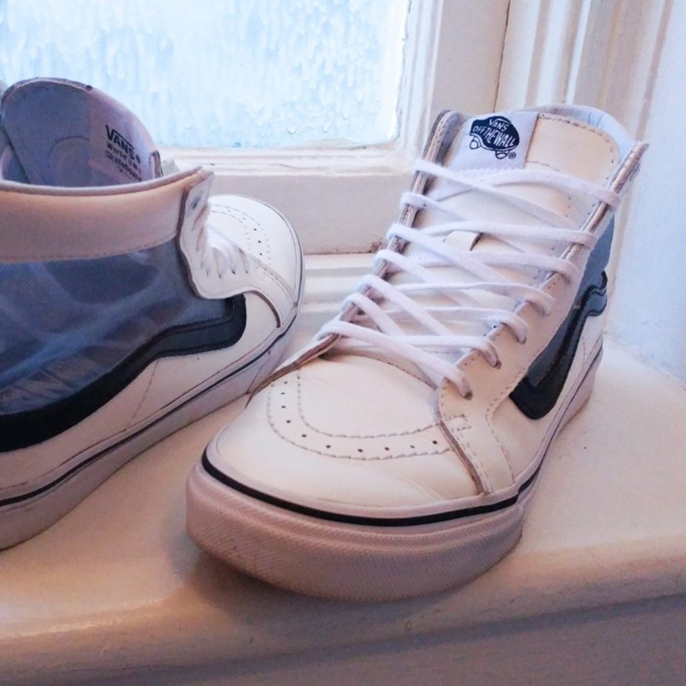 Vans Sk8 Hi Slim Mesh Cutout White Faux Leather Sneakers 8